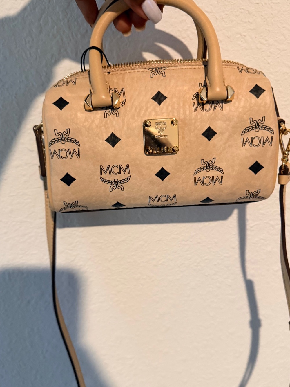 MCM Beige Visetos Logo Crossbody Satchel
